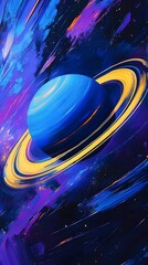 Abstract wallpaper for a mobile phone, featuring vibrant blue and purple hues with yellow brush strokes in the style of Planet Saturn