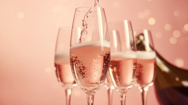 Close-up of sparkling rose champagne being poured into elegant crystal glasses against a soft pink background, bubbles rising with gentle effervescence isolated on white background 
