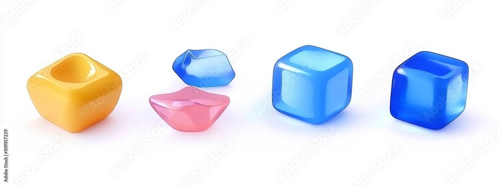 Poster the set includes a 3d transparent glossy cube with a dispersion effect. rainbow colors are reflected