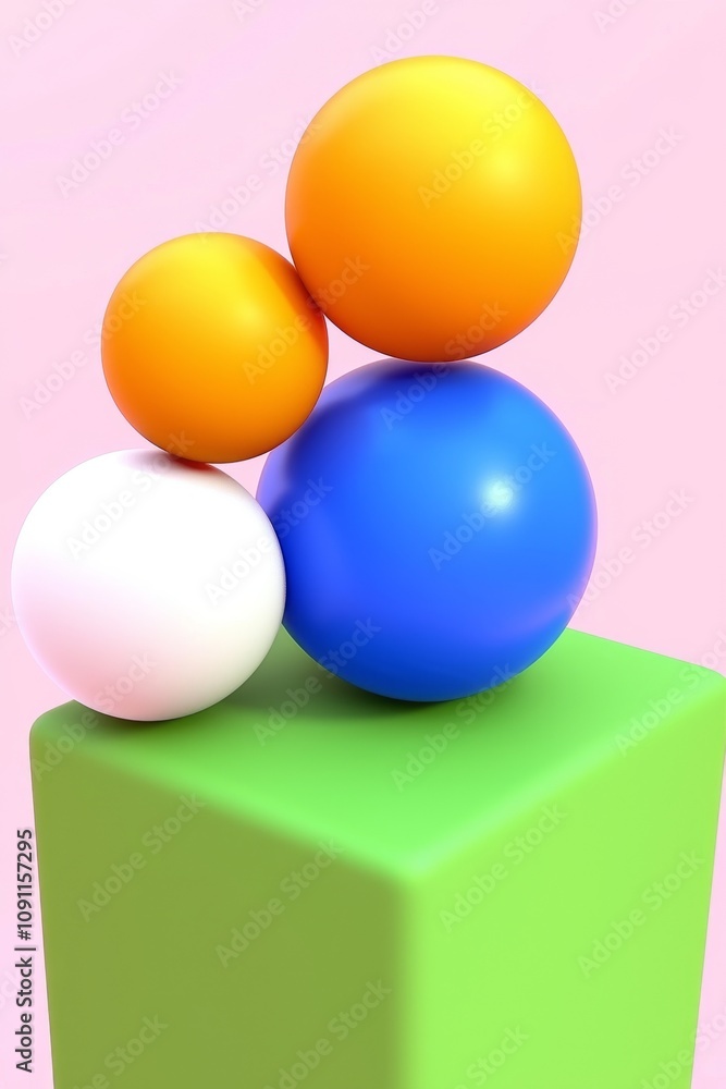 Poster Red and green background with colorful geometric shapes of smooth and shiny spheres on square platforms
