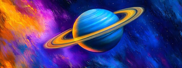 Abstract wallpaper for a mobile phone, featuring vibrant blue and purple hues with yellow brush strokes in the style of Planet Saturn