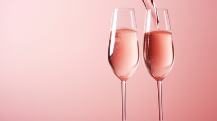 Elegant glasses catching the light as sparkling rose champagne is poured, with a smooth pink background adding a touch of romance and class isolated on white background 