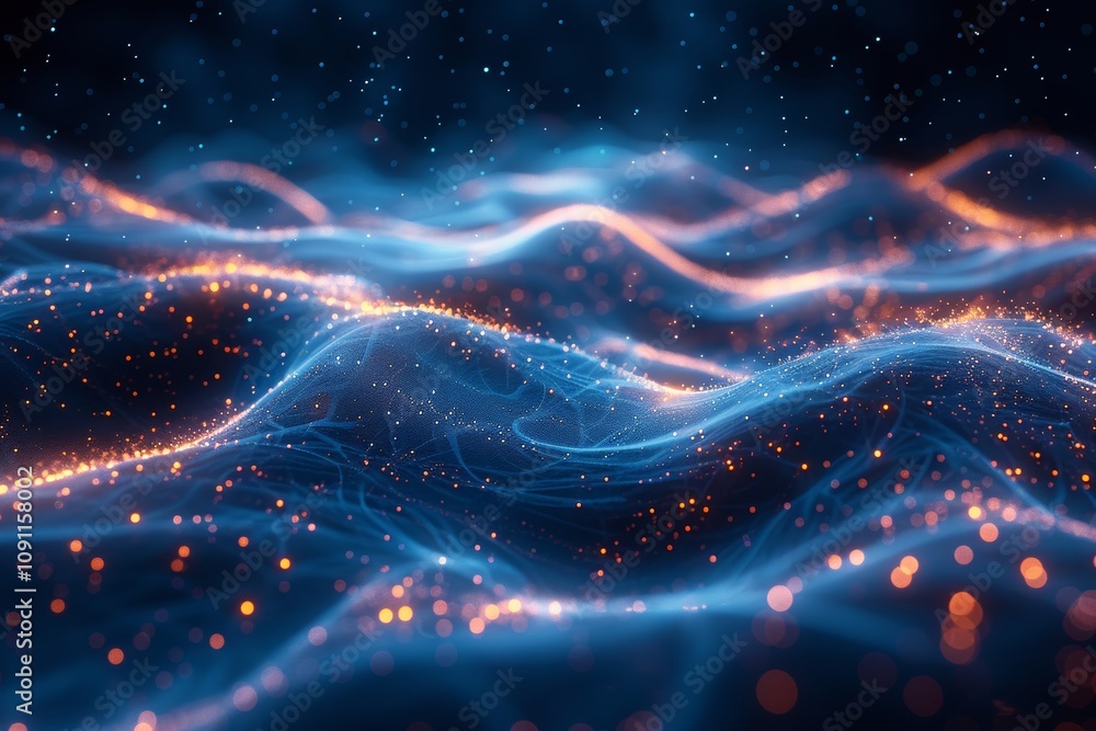 Poster holographic blue abstract technology design featuring wavy data lines in modern style