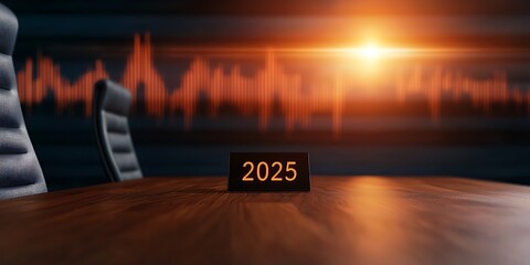 2025 business analytics concept. A modern office scene featuring a table, chairs, and a digital representation of the year 2025, with an abstract sound wave in the background.