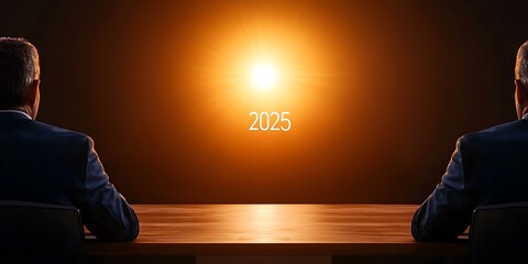 2025 business analytics concept. Two people sit at a table, facing a bright light representing the year 2025, symbolizing anticipation for the future.