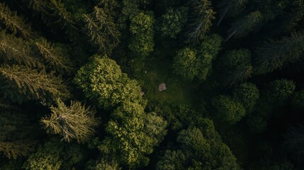 A forest with a small cabin in the middle