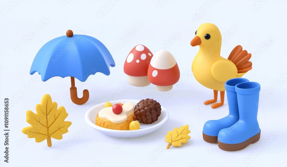 Poster the autumn set of simple objects is a 3d modern cartoon icon.
