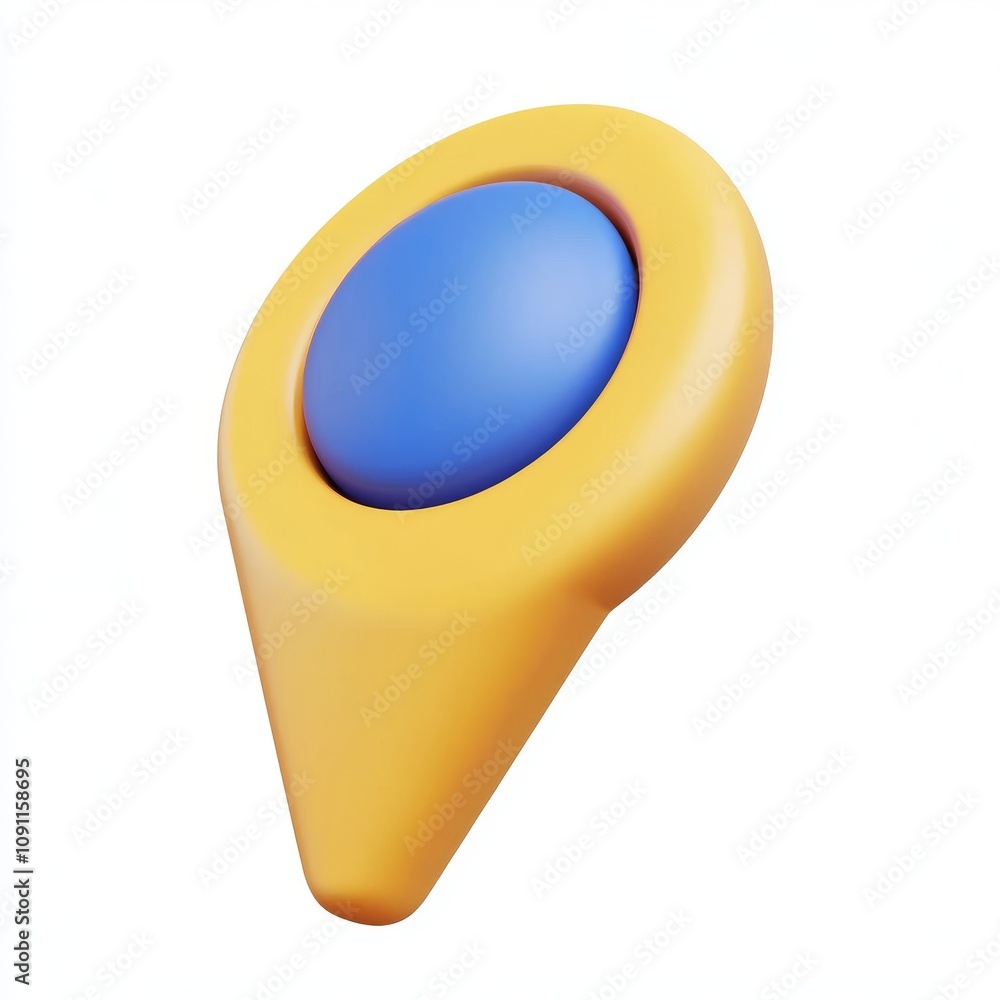 Poster a contemporary stock illustration showing a 3d yellow map location pointer, styled as a plastic cart