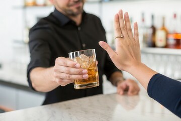 A bartender presents a glass of cocktail with ice to a customer who is gently refusing the drink with an open hand. The setting is a contemporary bar, showcasing a well-stocked beverage shelf in the b