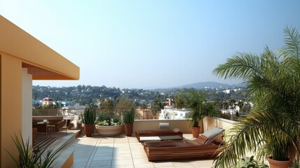 Fototapeta premium Modern Rooftop Terrace with Stylish Lounge Furniture, Lush Greenery, and Scenic Cityscape View Under Clear Blue Sky