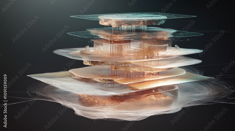Aufkleber an ai model learning and evolving through multiple stages, with layers of data flowing in, processin