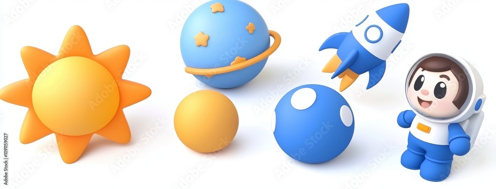 Poster children objects in glossy minimal style: 3d realistic cartoon space elements set - rocket, ufo, ast