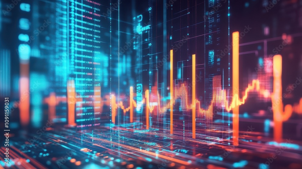 Poster abstract digital visualization of data trends and analytics with vibrant colors.