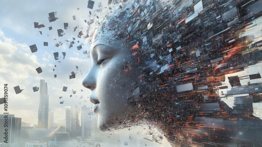 Poster an ai model learning and evolving through multiple stages, with layers of data flowing in, processin