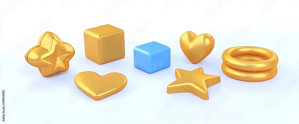 Poster rendering of gold objects geometry shapes isolated against a white background