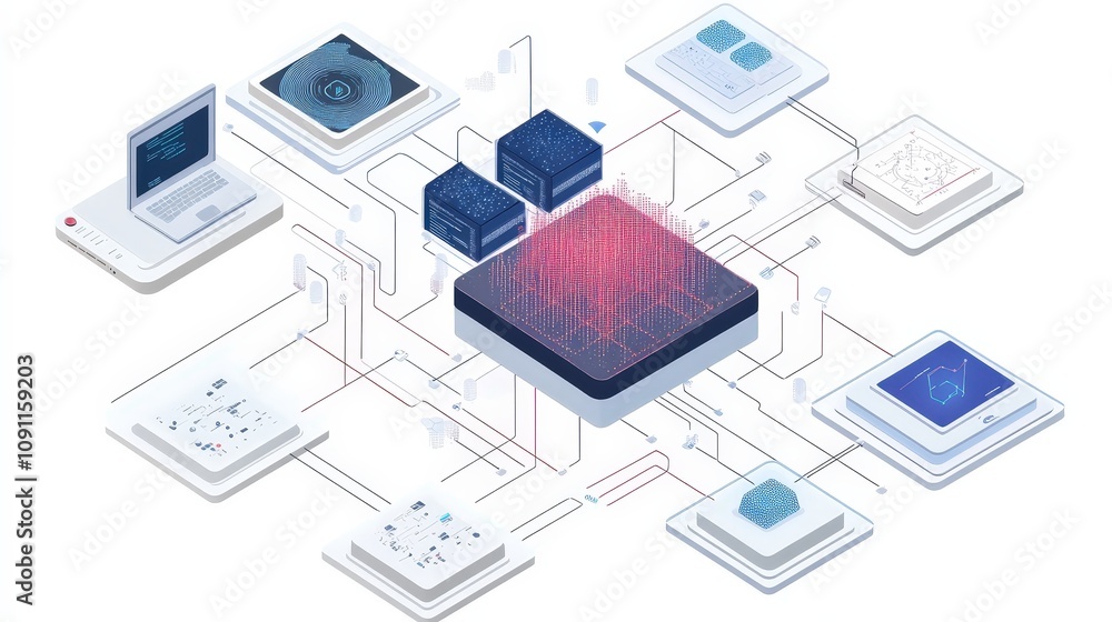 Aufkleber an ai system processing data, with each step showing transformation from raw inputs to smart, automa