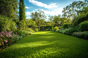 Fototapeta premium Lush green garden with vibrant flowers and a clear blue sky, creating a serene and peaceful atmosphere.