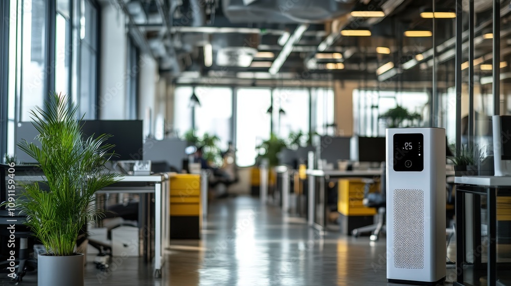 Poster an air purifier with a sleek digital display panel placed in a busy office environment, maintaining 