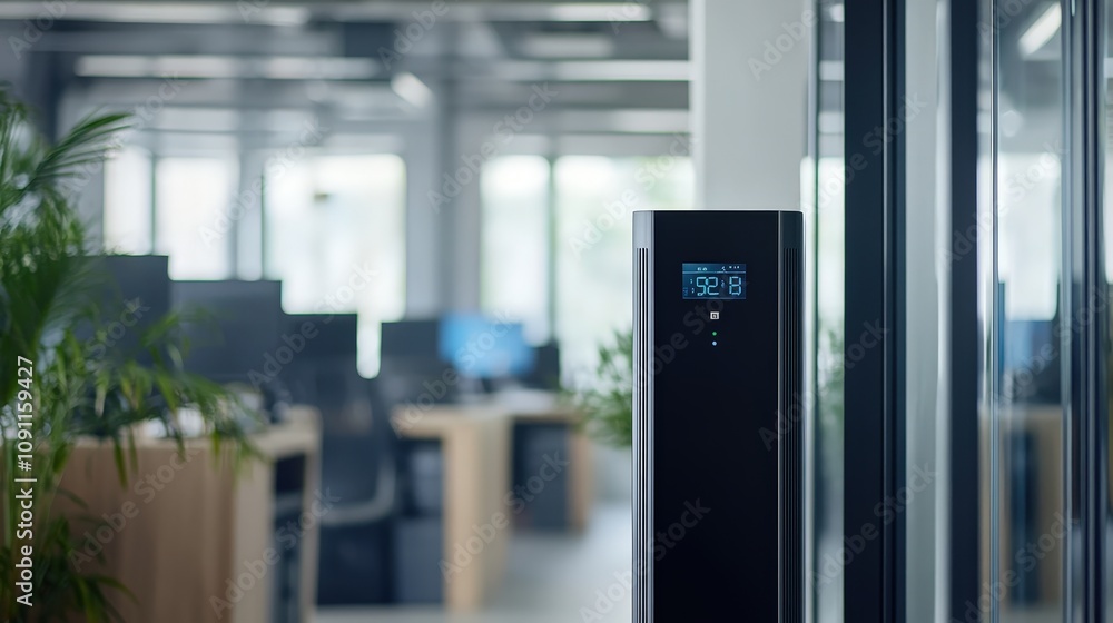 Poster an air purifier with a sleek digital display panel placed in a busy office environment, maintaining 