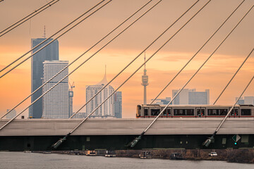 Cityscape with Bridge, Train, and Skyscrapers at Sunset - Urban Landscape, Transportation, Architecture, Travel, Germany, Frankfurt, Skyline, River, Sunset, Golden Hour, Twilight, Cityscape, Modern Ar