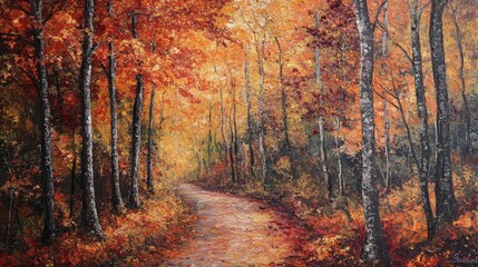 Obraz premium An autumn forest trail with leaves crunching underfoot, in a canopy of orange and red, showcasing the rich hues of fall