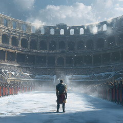 Dramatic Scene of a Gladiator Standing Alone in an Empty Colosseum Surrounded by Spectators in Dramatic Lighting and Snowy Atmosphere