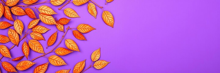 Obraz premium Pattern of dry orange metallic leaves on violet background, orange and purple hues, dried flower arrangements, dried flowers