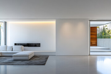 Modern minimalist living room with large windows and elegant furniture in a serene setting