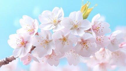 Fototapeta premium Natural macro shot concept of petals with macro lens. Delicate pink cherry blossoms bloom against a serene blue background, evoking a sense of springtime beauty and tranquility