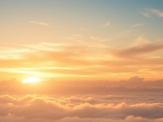 Obraz premium Ethereal golden light emanates from a vast expanse of sky with gentle swirling clouds, dreamy, misty