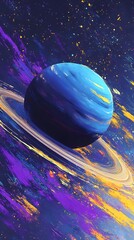 Abstract wallpaper for a mobile phone, featuring vibrant blue and purple hues with yellow brush strokes in the style of Planet Saturn