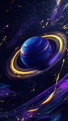 Abstract wallpaper for a mobile phone, featuring vibrant blue and purple hues with yellow brush strokes in the style of Planet Saturn