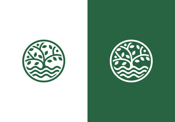 nature line art logo vector design oak tree with water inside circle, abstract tree logo symbol inside circle