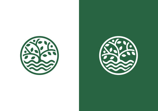 nature line art logo vector design oak tree with water inside circle, abstract tree logo symbol inside circle