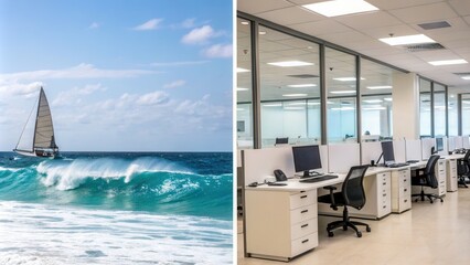 Fototapeta premium A sailboat moves effortlessly across the vibrant blue ocean waves while nearby, a modern office space features rows of desks and computers, highlighting the contrast between leisure and work settings 