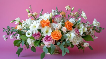 Elegant Floral Arrangement in Soft Pastel Colors Featuring Roses, Lilies, and Eucalyptus Against a Pink Background Perfect for Spring Celebrations and Events