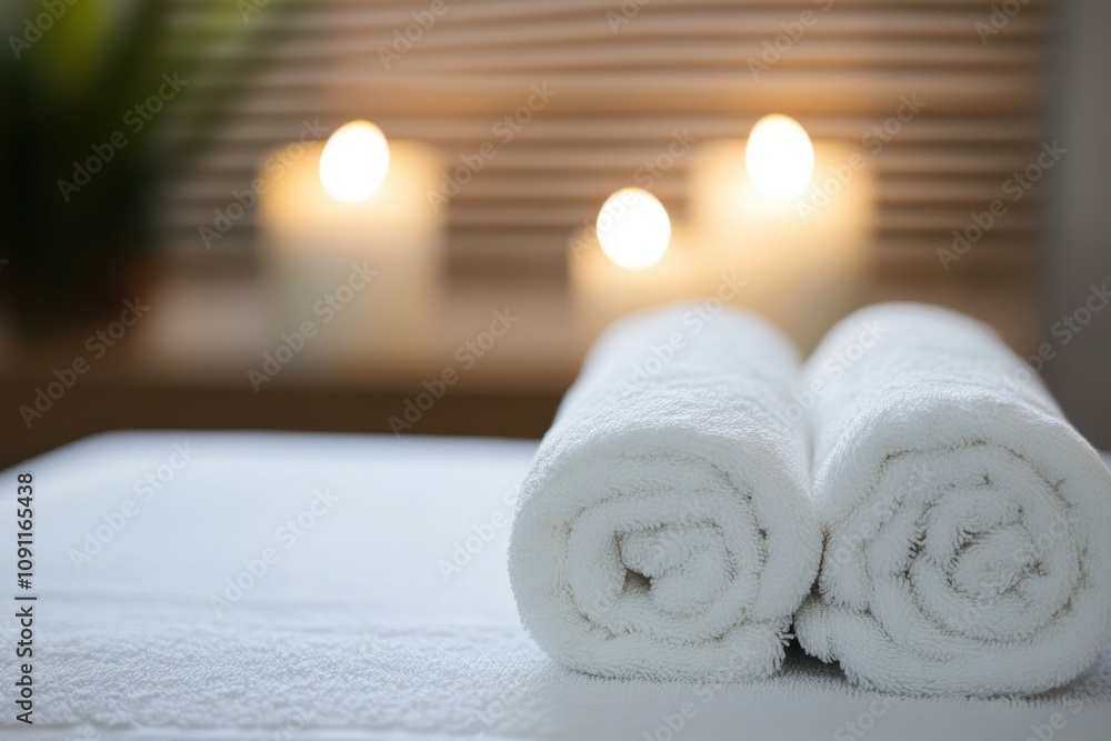 Poster relaxing spa setting with soft towels and calming candles in a serene environment