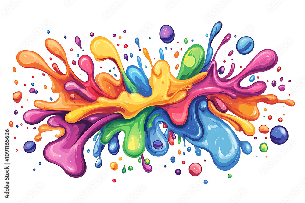 Poster a vibrant splash of colorful paint droplets creating an energetic visual effect.