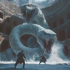 Epic Battle between Warriors and a Mythical Two-Headed Serpent in a Snowy Colosseum Setting, Capturing the Clash between Heroism and Monster Fear in a Fantasy Realm