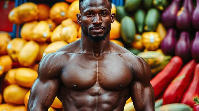 African American man with muscular chest standing in front of pile of fruits and vegetables.