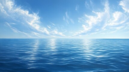 Fototapeta premium Tranquil seascape capturing a perfect mirror reflection of wispy clouds in pristine blue waters, creating&nbsp;a serene panoramic view with soft natural lighting and atmospheric&nbsp;depth.