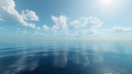 Obraz premium Tranquil seascape capturing a perfect mirror reflection of wispy clouds in pristine blue waters, creating&nbsp;a serene panoramic view with soft natural lighting and atmospheric&nbsp;depth.