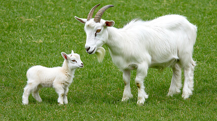 Obraz premium white goat and its kid standing on grassy field, showcasing serene moment in nature. adult goat has prominent horns, while young one appears curious and playful