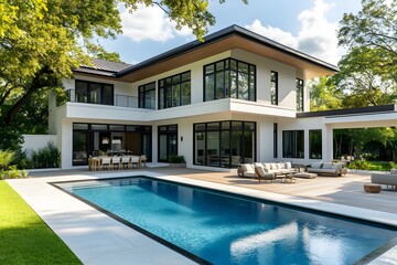 Fototapeta premium 3d rendering of modern two story house with gray and wood accents, large windows, parking space in the right side of the building. Clear summer evening with cozy light from window 