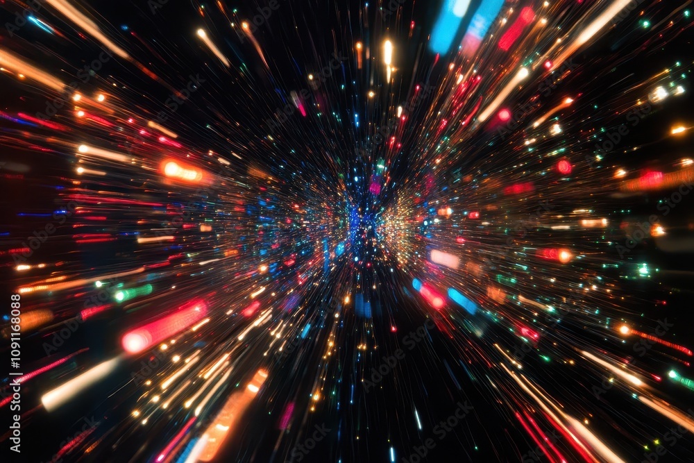Poster a dynamic burst of colorful lights creating a sense of movement through space.