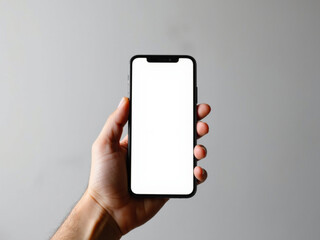 Close up of man's hand holding blank screen smartphone. Blank screen mockup. Ai image generated.