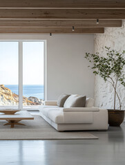 Fototapeta premium Modern living room with ocean view and natural decor in a serene coastal setting