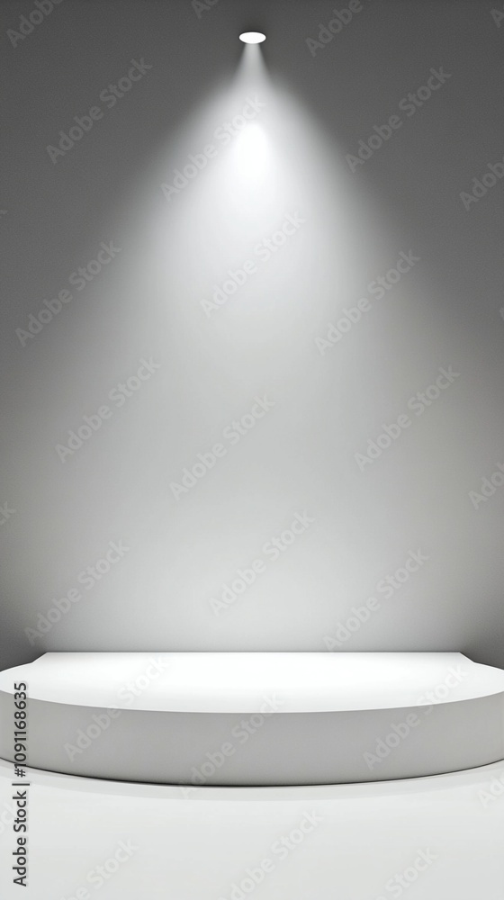 Aufkleber minimalist white stage illuminated by a single spotlight from above, creating a dramatic cone of lig
