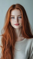 Fototapeta premium Striking portrait of a young woman with vibrant red hair cascading over her shoulders, piercing blue eyes, and delicate freckles, set against a soft gray background.