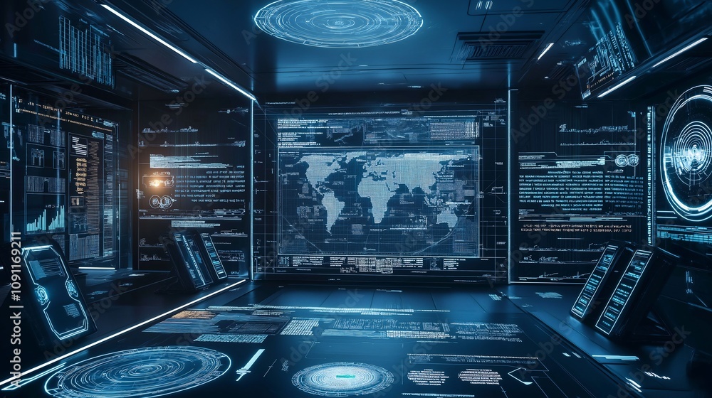 Poster futuristic command center with global data displays